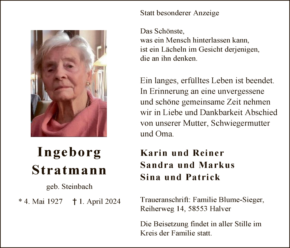  Traueranzeige für Ingeborg Stratmann vom 06.04.2024 aus WA