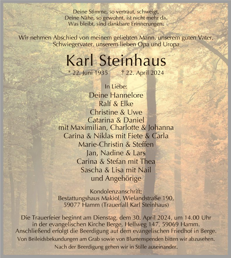  Traueranzeige für Karl Steinhaus vom 27.04.2024 aus WA