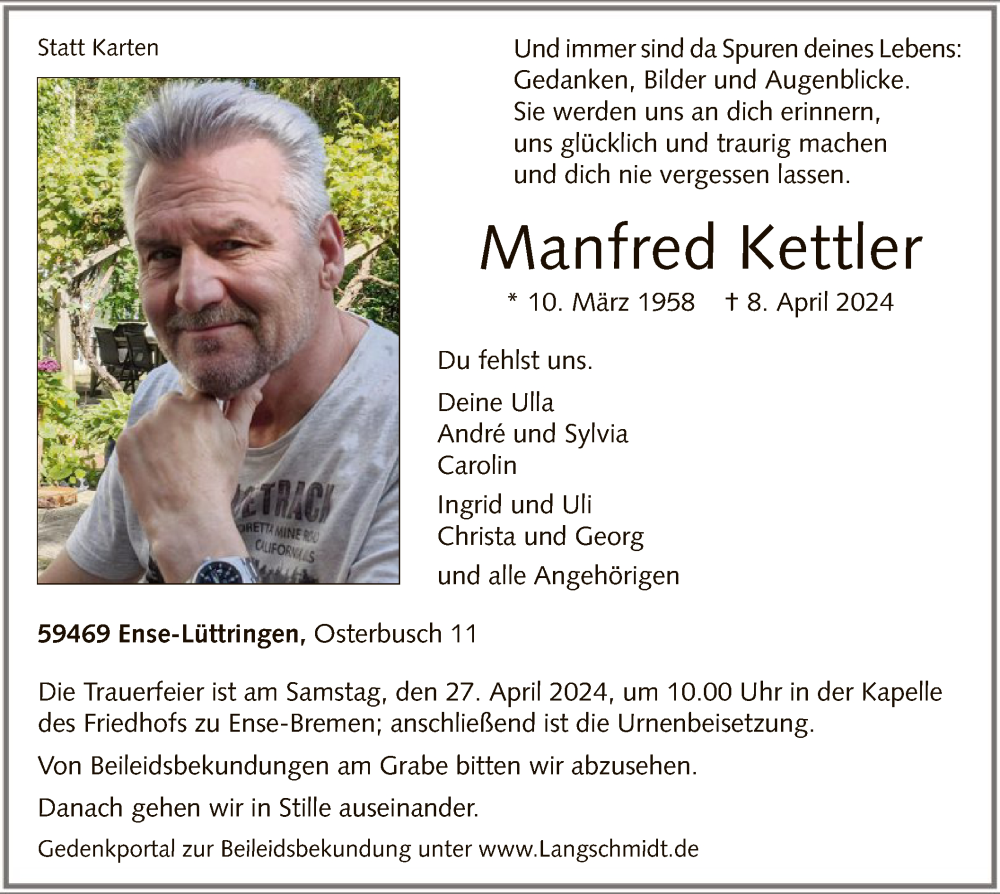  Traueranzeige für Manfred Kettler vom 13.04.2024 aus WA