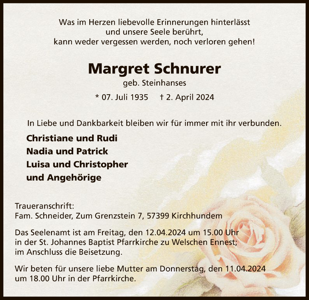  Traueranzeige für Margret Schnurer vom 13.04.2024 aus WA