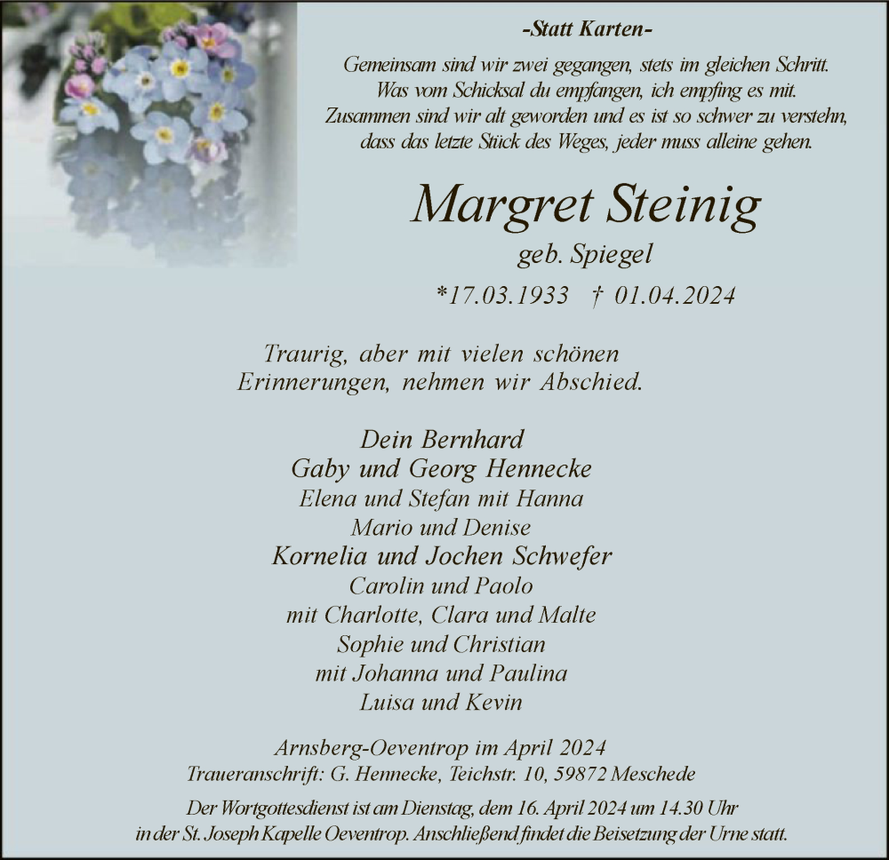  Traueranzeige für Margret Steinig vom 06.04.2024 aus WA