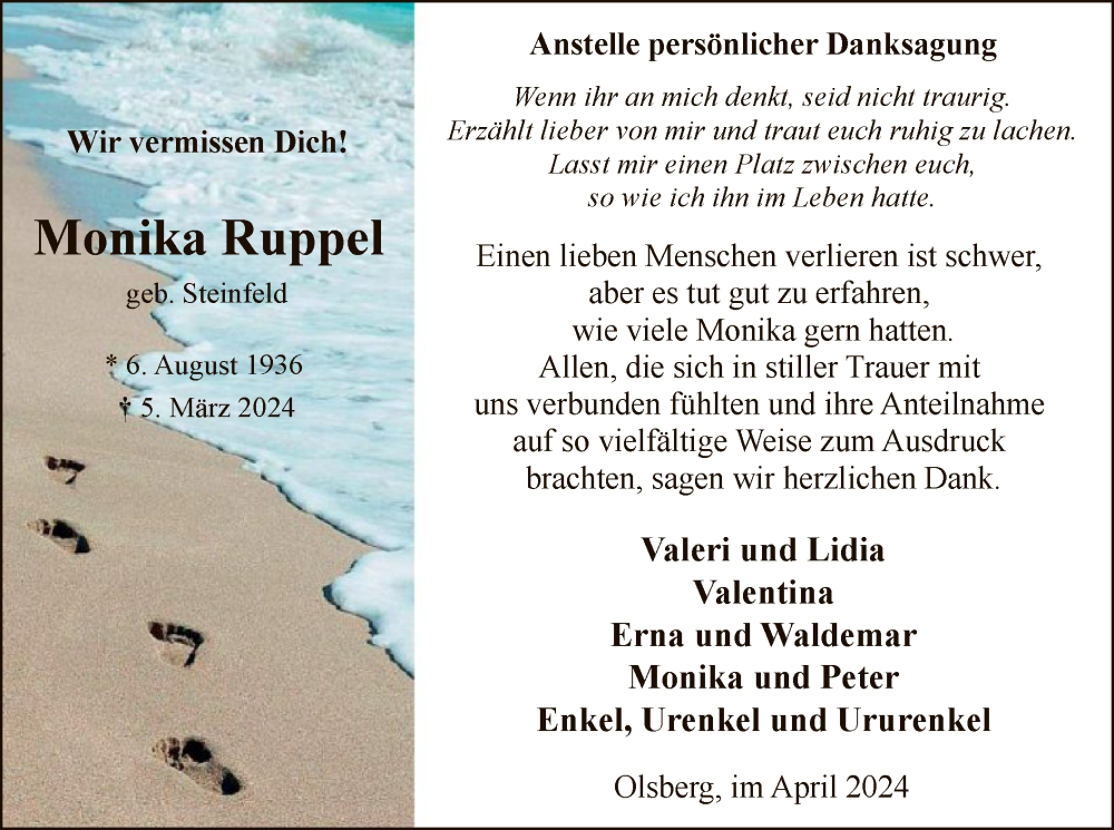  Traueranzeige für Monika Ruppel vom 06.04.2024 aus WA
