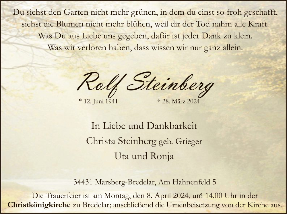  Traueranzeige für Rolf Steinberg vom 06.04.2024 aus WA