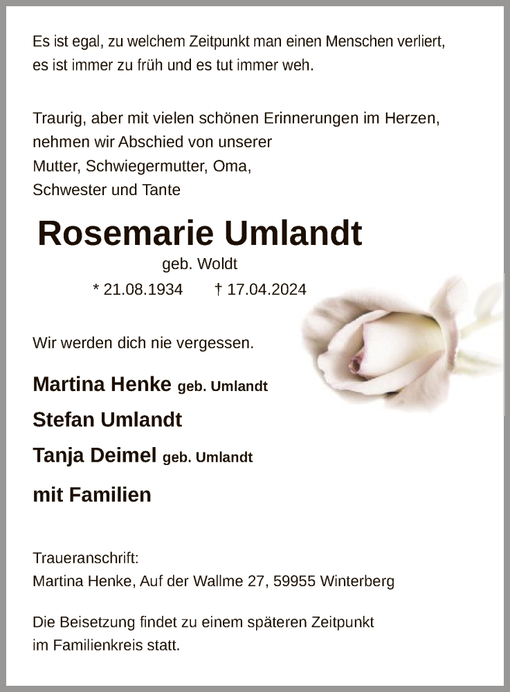  Traueranzeige für Rosemarie Umlandt vom 27.04.2024 aus WA