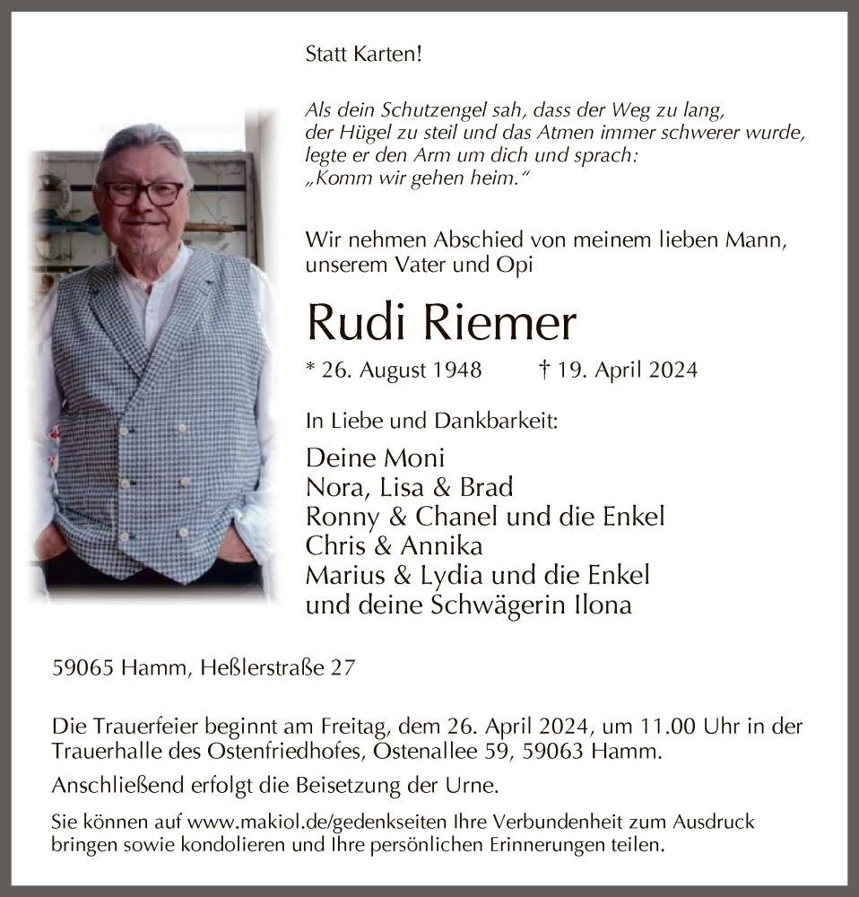  Traueranzeige für Rudi Riemer vom 24.04.2024 aus WA