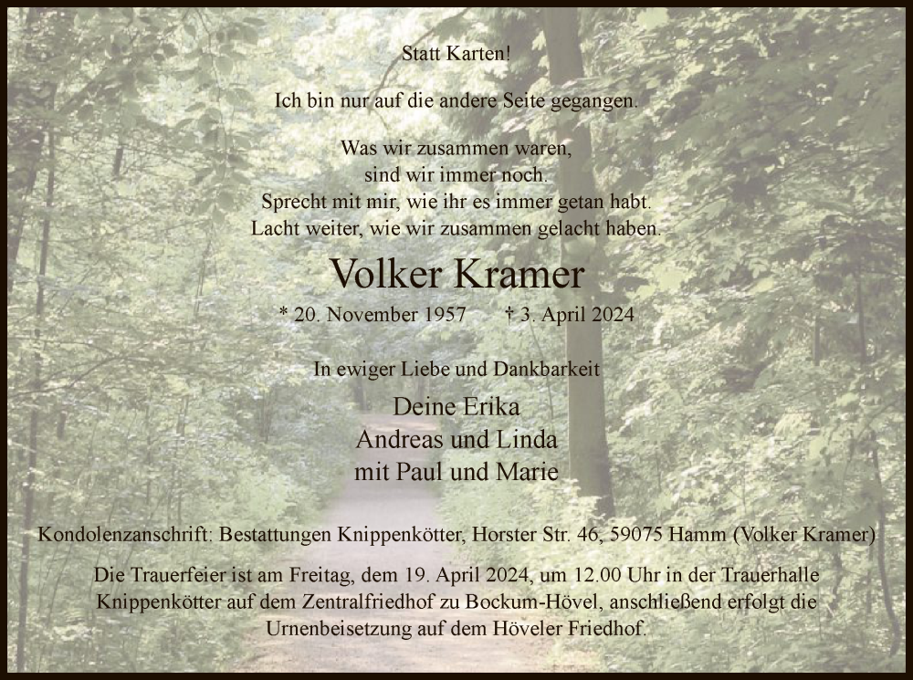  Traueranzeige für Volker Kramer vom 13.04.2024 aus WA