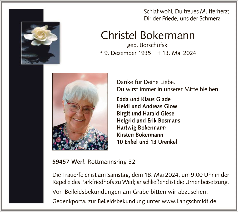  Traueranzeige für Christel Bokermann vom 15.05.2024 aus WA