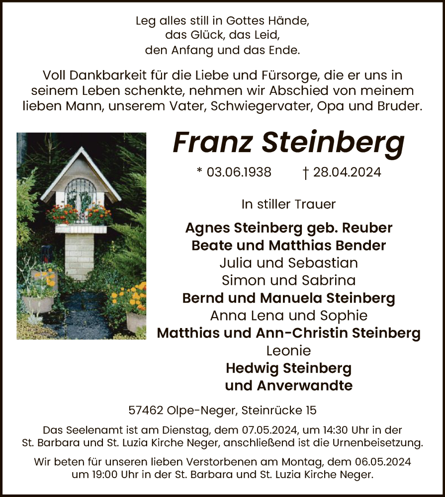  Traueranzeige für Franz Steinberg vom 04.05.2024 aus WA