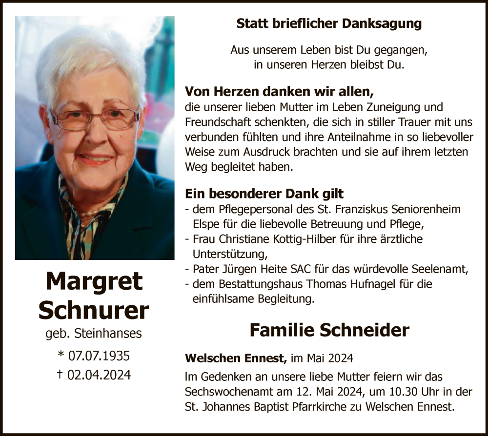  Traueranzeige für Margret Schnurer vom 04.05.2024 aus WA