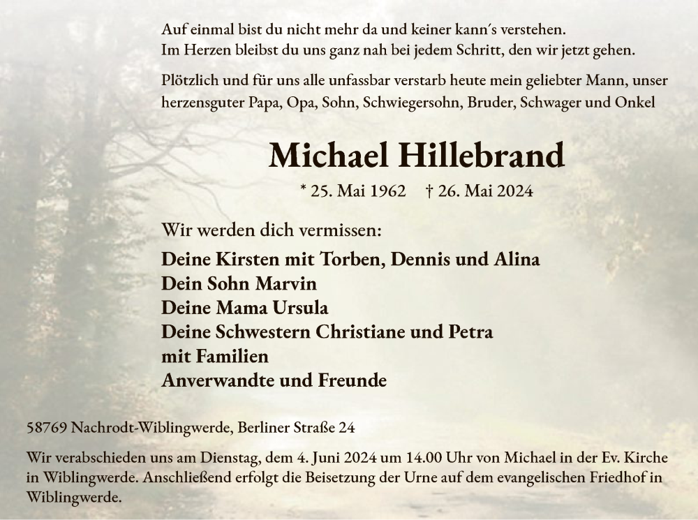  Traueranzeige für Michael Hillebrand vom 29.05.2024 aus WA