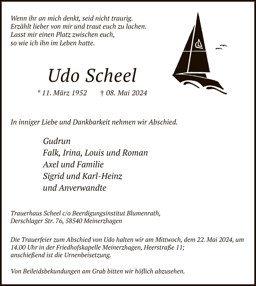  Traueranzeige für Udo Scheel vom 15.05.2024 aus WA