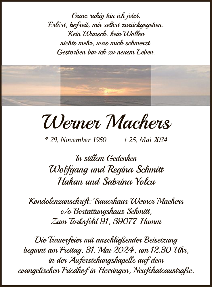  Traueranzeige für Werner Machers vom 29.05.2024 aus WA