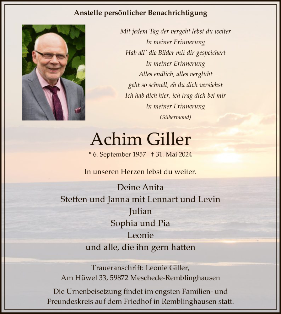  Traueranzeige für Achim Giller vom 08.06.2024 aus WA