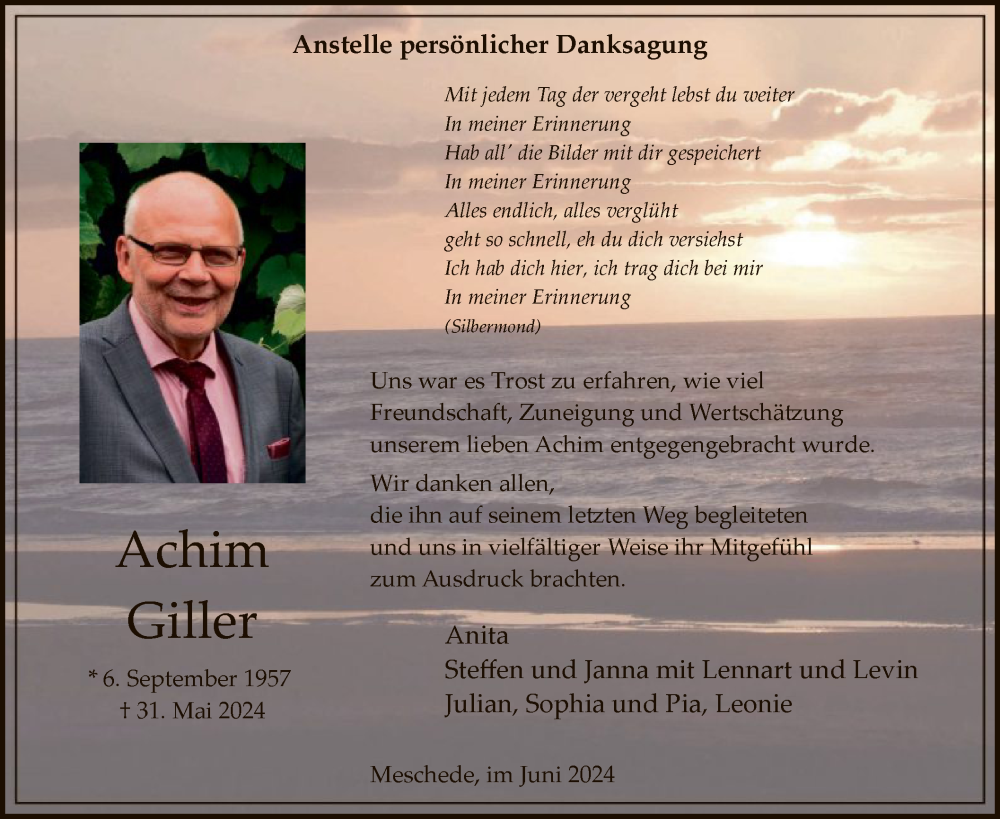  Traueranzeige für Achim Giller vom 29.06.2024 aus WA