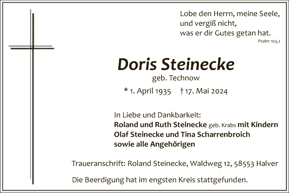  Traueranzeige für Doris Steinecke vom 01.06.2024 aus WA