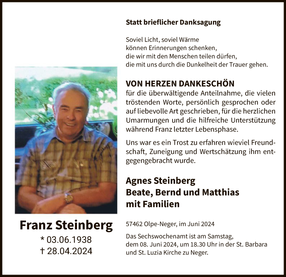  Traueranzeige für Franz Steinberg vom 01.06.2024 aus WA