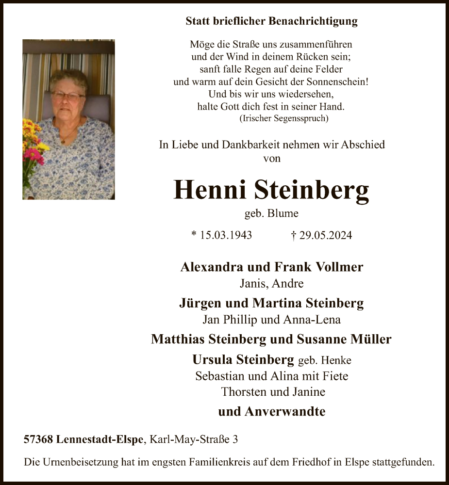  Traueranzeige für Henni Steinberg vom 08.06.2024 aus WA