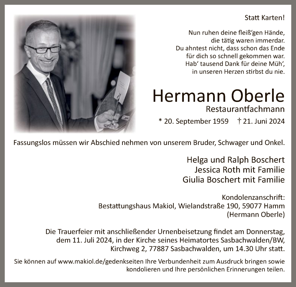  Traueranzeige für Hermann Oberle vom 29.06.2024 aus WA