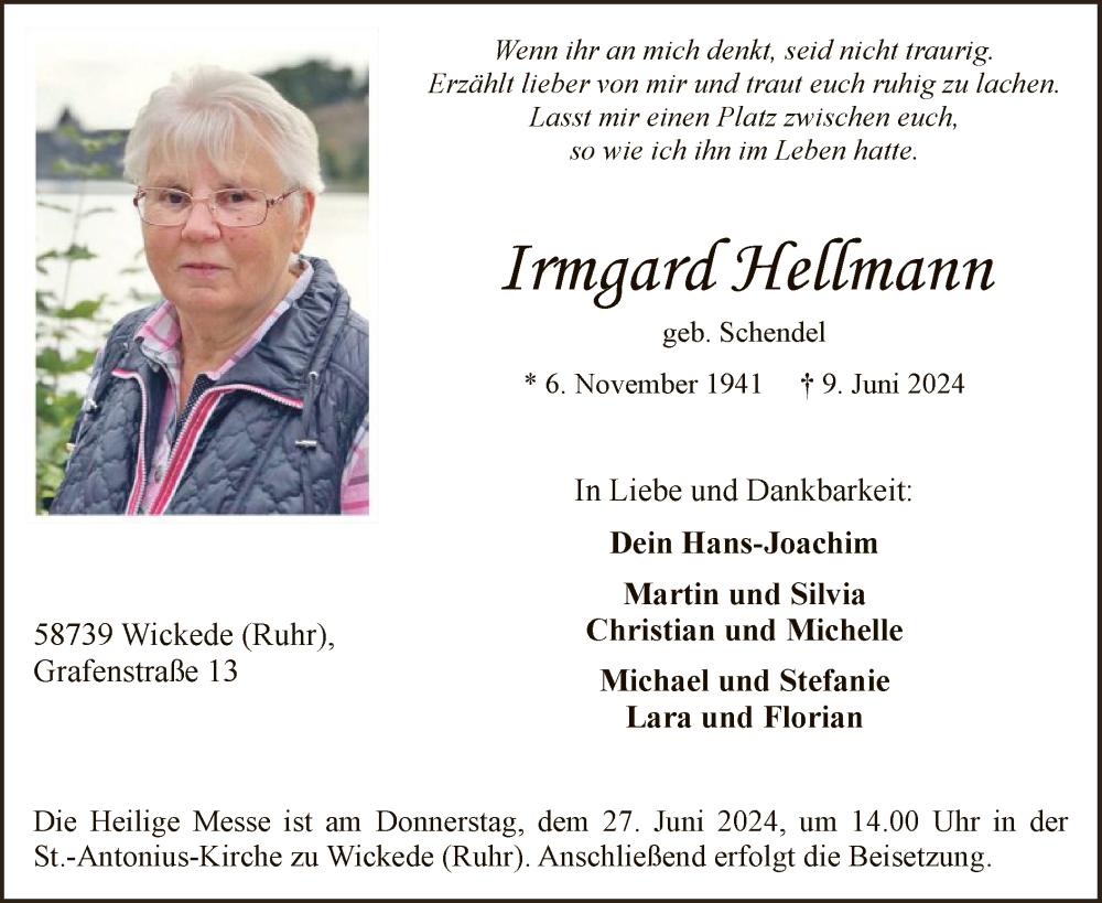  Traueranzeige für Irmgard Hellmann vom 15.06.2024 aus WA