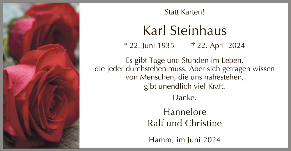  Traueranzeige für Karl Steinhaus vom 01.06.2024 aus WA