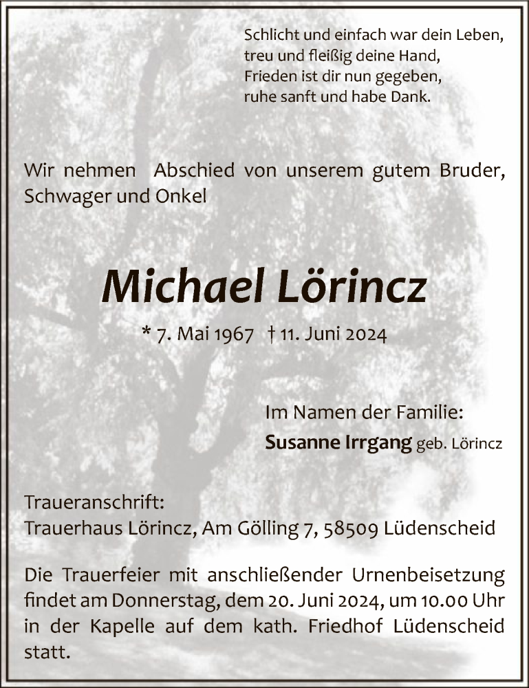  Traueranzeige für Michael Lörincz vom 17.06.2024 aus WA