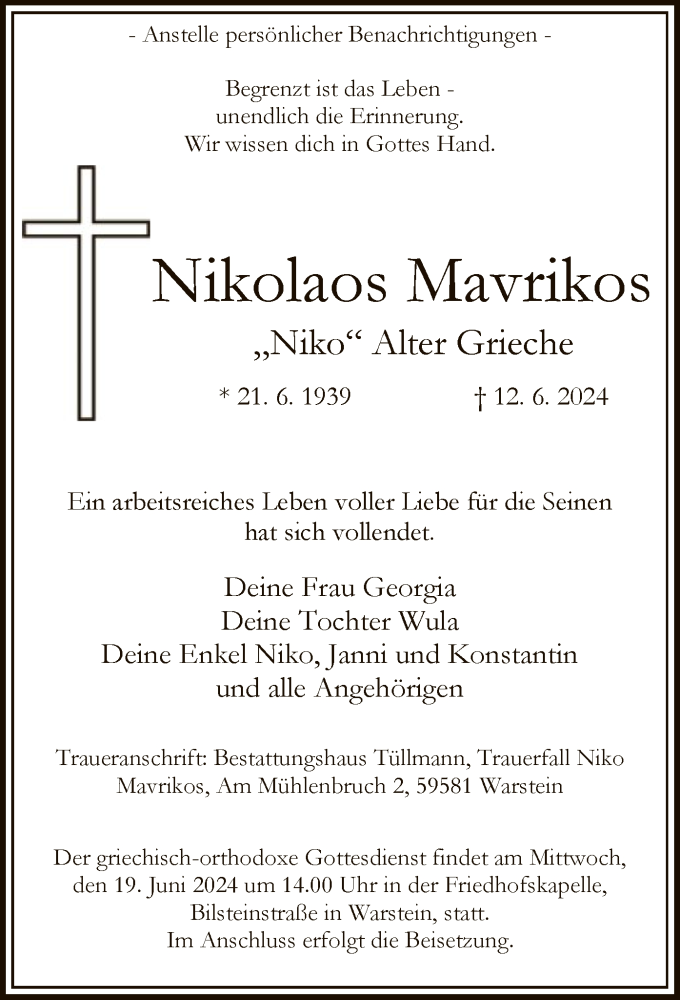  Traueranzeige für Nikolaos Mavrikos vom 15.06.2024 aus WAWA