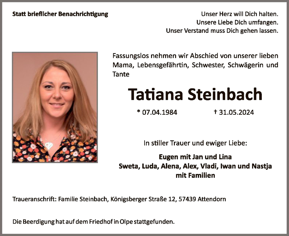  Traueranzeige für Tatiana Steinbach vom 08.06.2024 aus WA