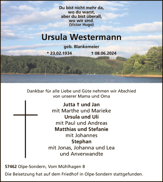 Traueranzeige von Ursula Westermann von WA