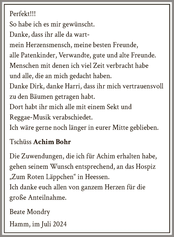  Traueranzeige für Achim Bohr vom 06.07.2024 aus WA