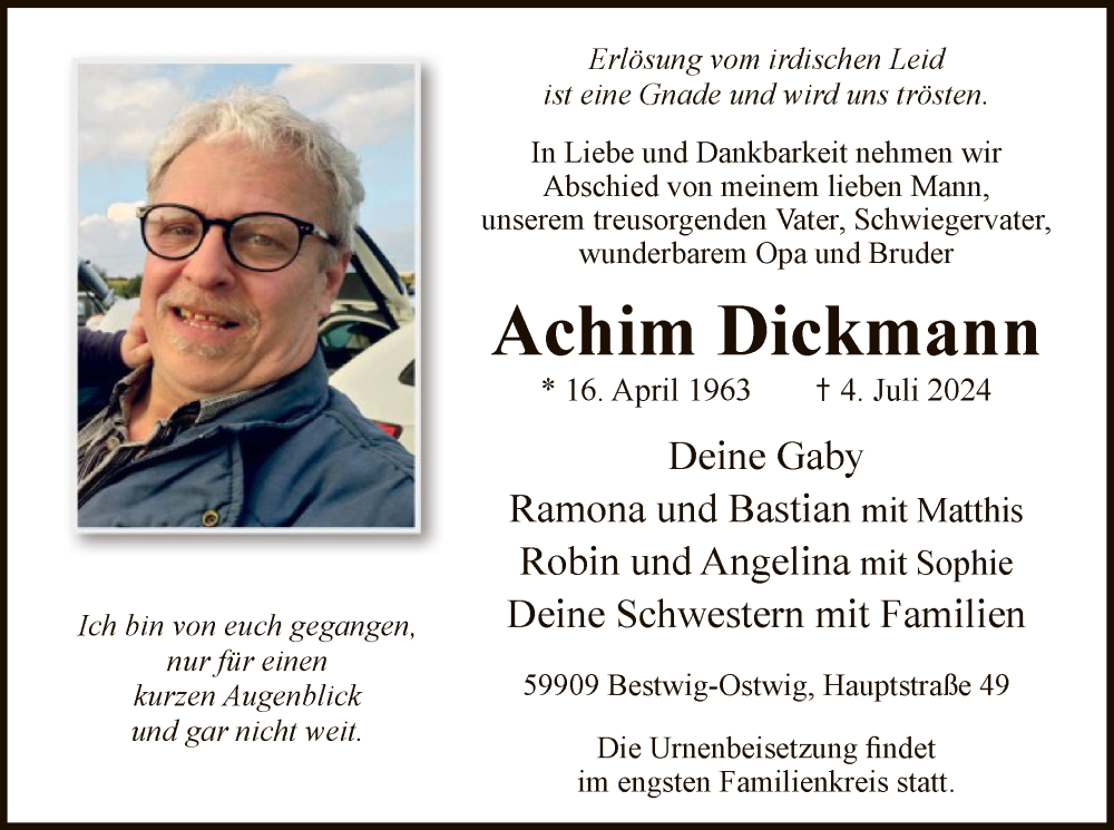  Traueranzeige für Achim Dickmann vom 13.07.2024 aus WA