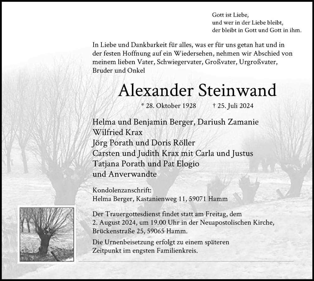  Traueranzeige für Alexander Steinwand vom 30.07.2024 aus WA