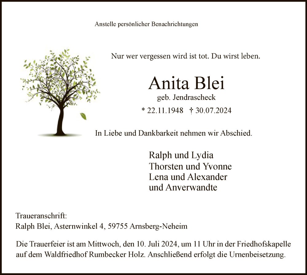  Traueranzeige für Anita Blei vom 06.07.2024 aus WA