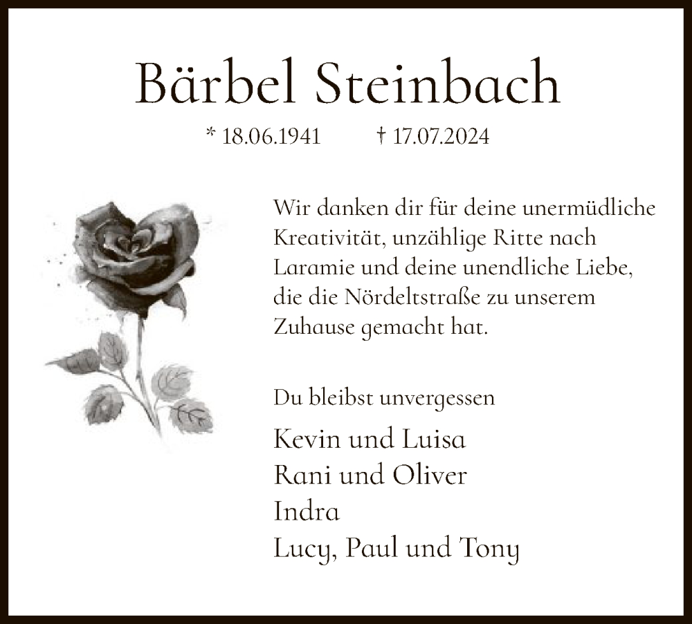 Traueranzeige für Bärbel Steinbach vom 27.07.2024 aus WA
