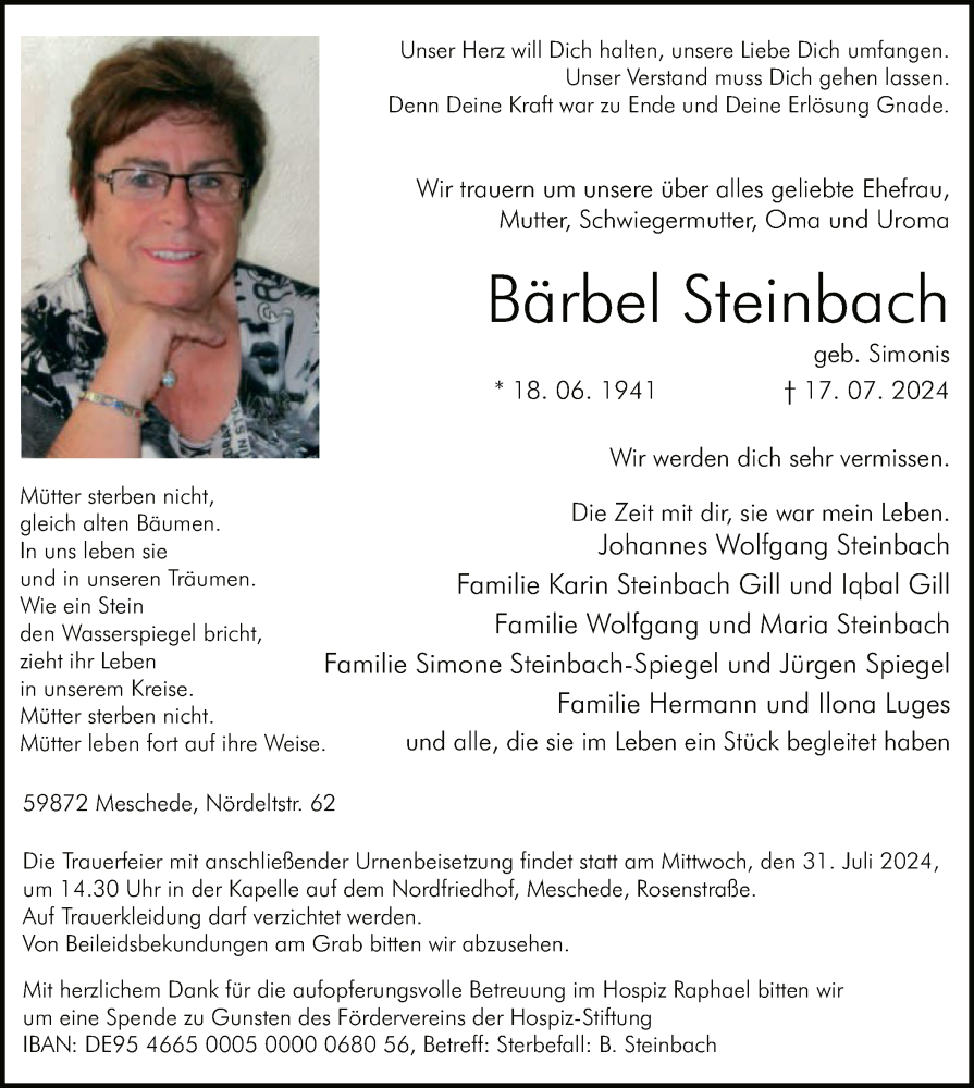  Traueranzeige für Bärbel Steinbach vom 27.07.2024 aus WA