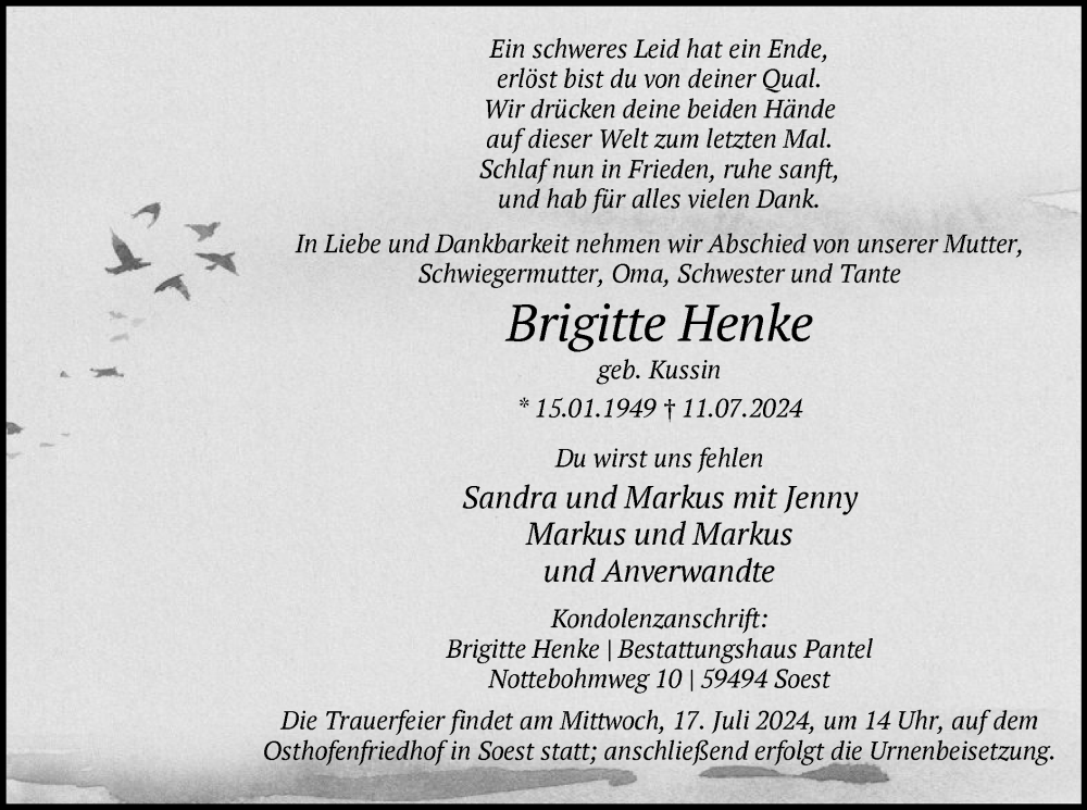  Traueranzeige für Brigitte Henke vom 13.07.2024 aus WA