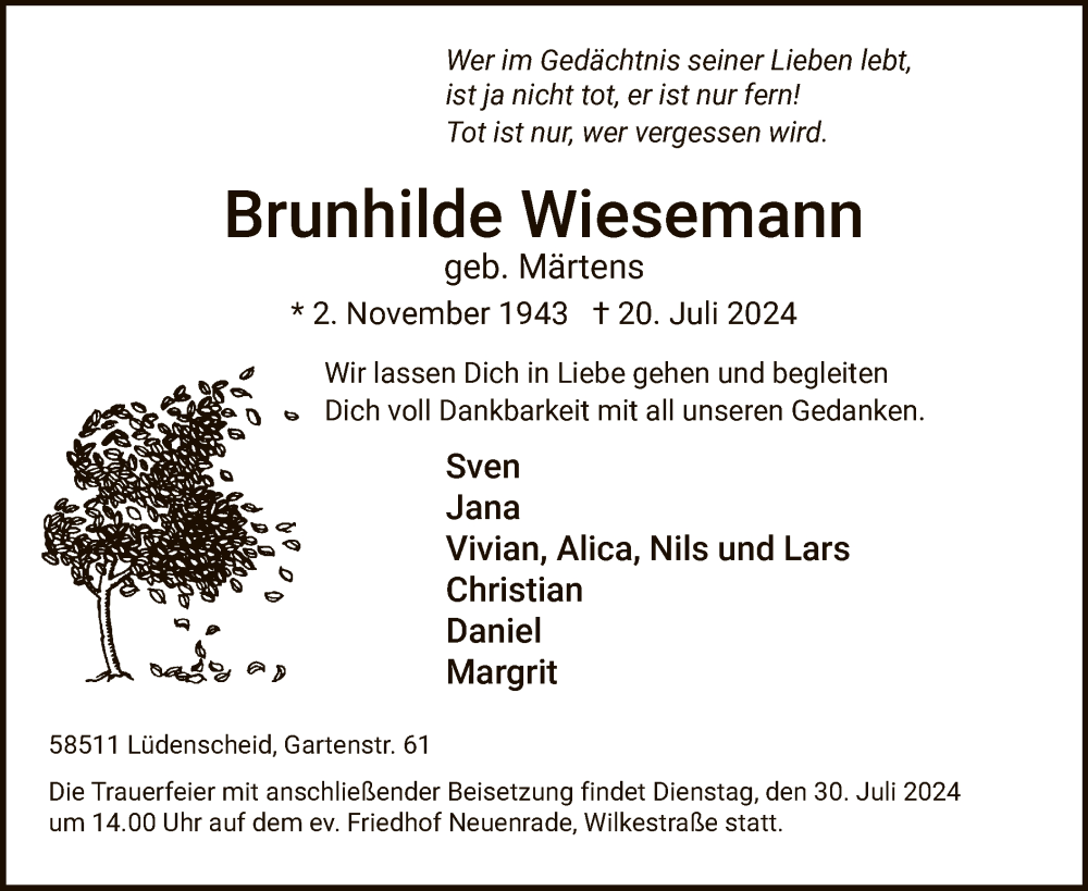  Traueranzeige für Brunhilde Wiesemann vom 27.07.2024 aus WA