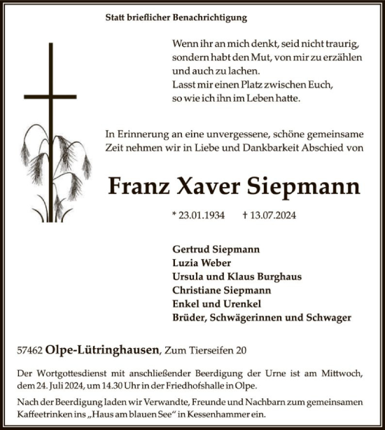 Traueranzeige von Franz Xaver Siepmann von WA