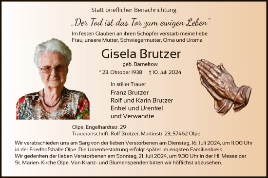 Traueranzeige von Gisela Brutzer von WA