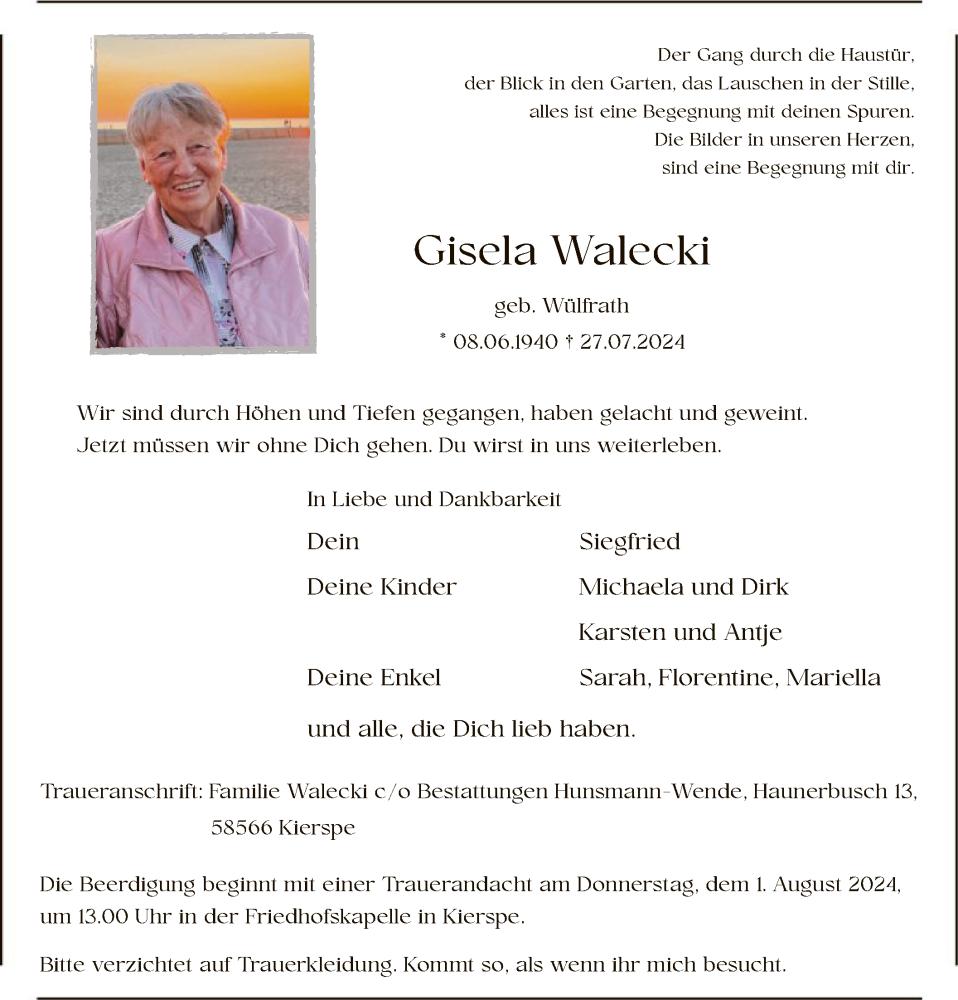  Traueranzeige für Gisela Walecki vom 30.07.2024 aus WA