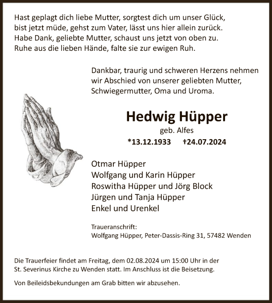 Traueranzeige von Hedwig Hüpper von WA