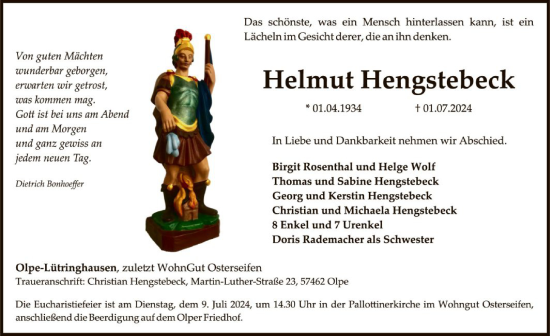 Traueranzeige von Helmut Hengstebeck von WA