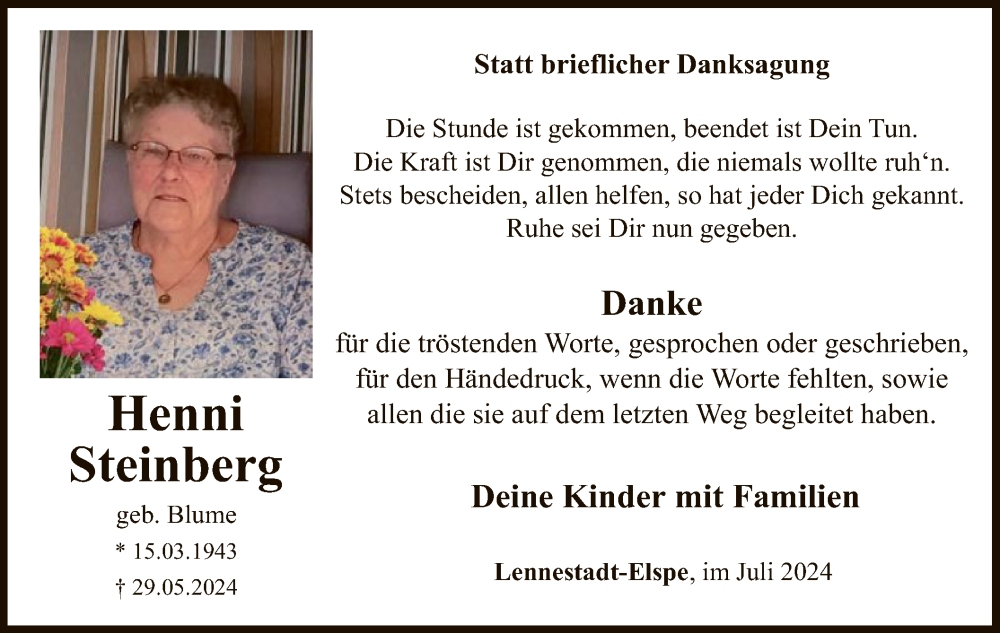  Traueranzeige für Henni Steinberg vom 13.07.2024 aus WA