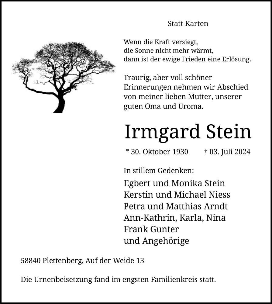  Traueranzeige für Irmgard Stein vom 13.07.2024 aus WA