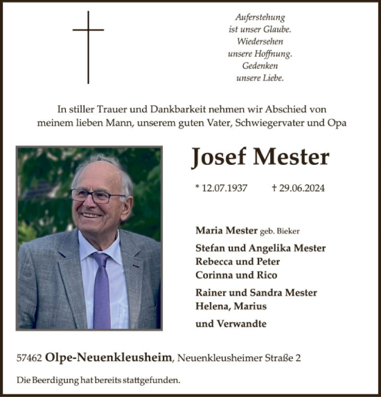 Traueranzeige von Josef Mester von WA