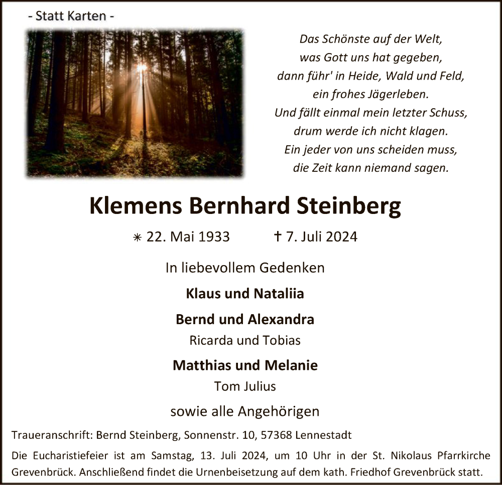  Traueranzeige für Klemens Bernhard Steinberg vom 13.07.2024 aus WA