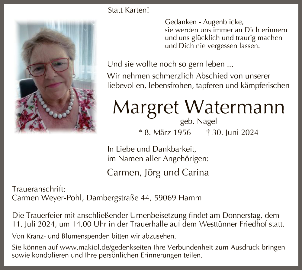  Traueranzeige für Margret Watermann vom 06.07.2024 aus WA