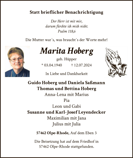 Traueranzeige von Marita Hoberg von WA