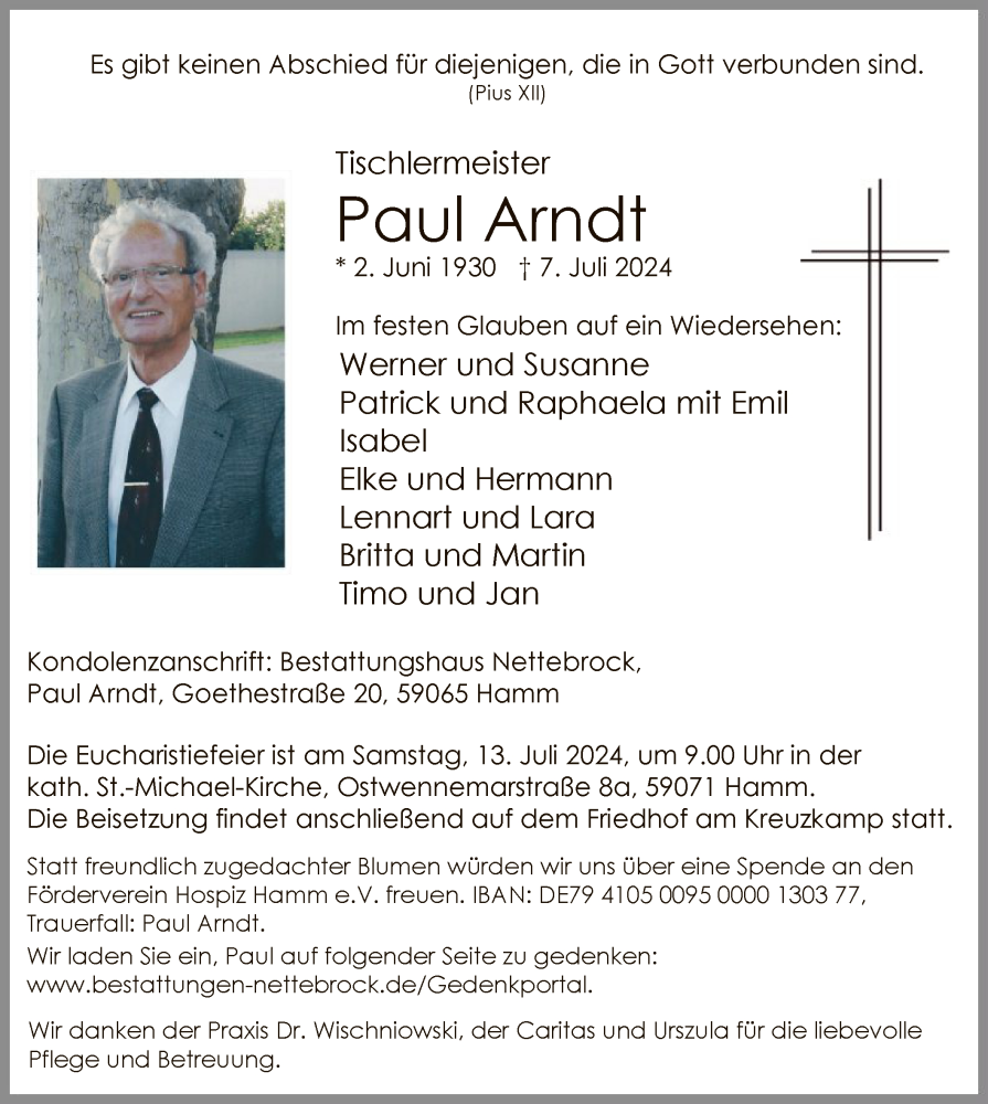  Traueranzeige für Paul Arndt vom 10.07.2024 aus WA