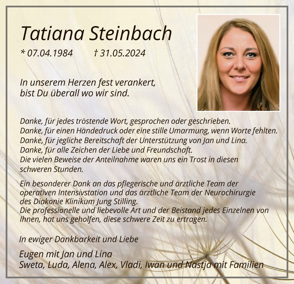  Traueranzeige für Tatiana Steinbach vom 27.07.2024 aus WA