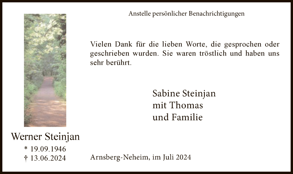  Traueranzeige für Werner Steinjan vom 06.07.2024 aus WA